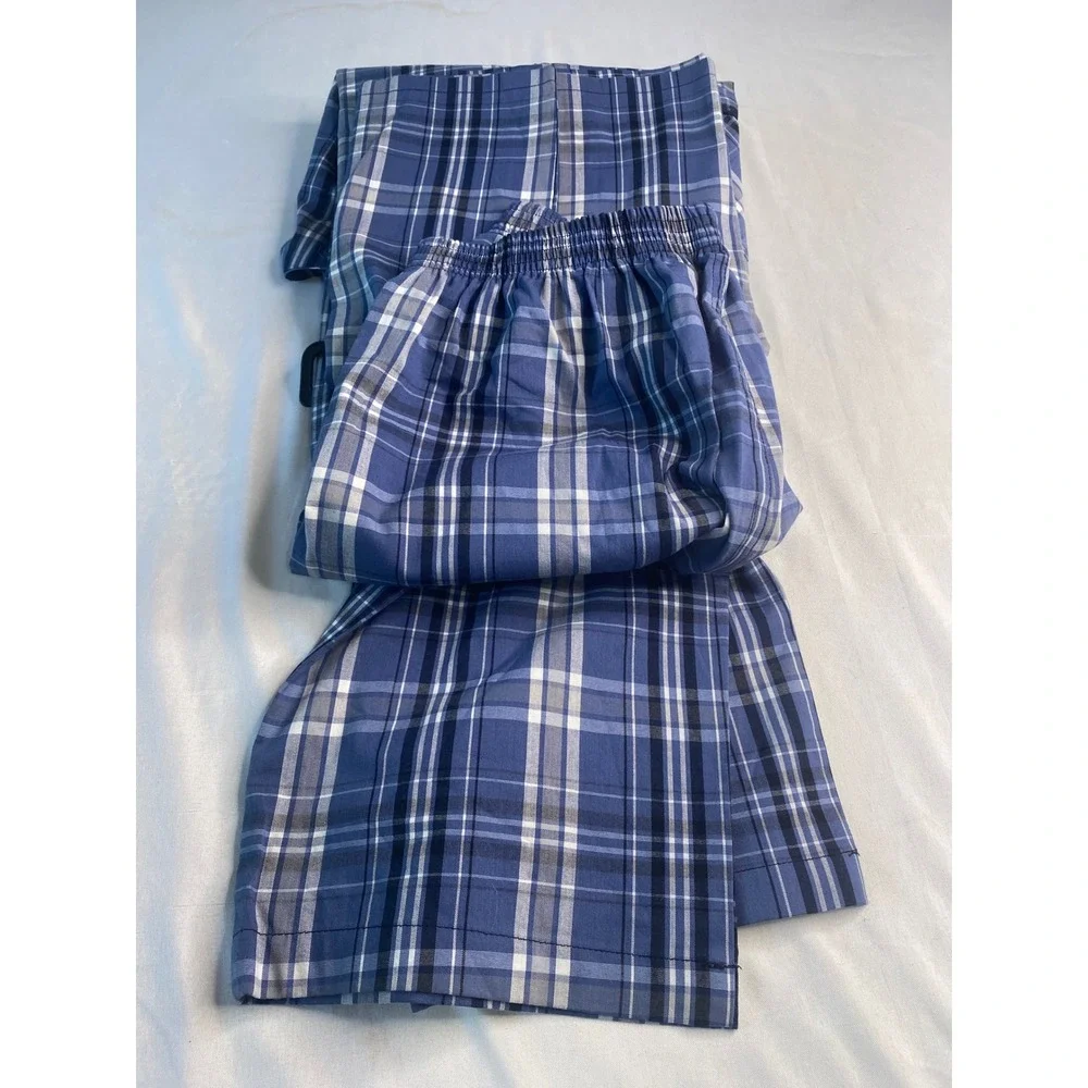 Hanes Mens Pajama Set Blue White Plaid Sleepwear 2 Piece Cotton Blend Size Small